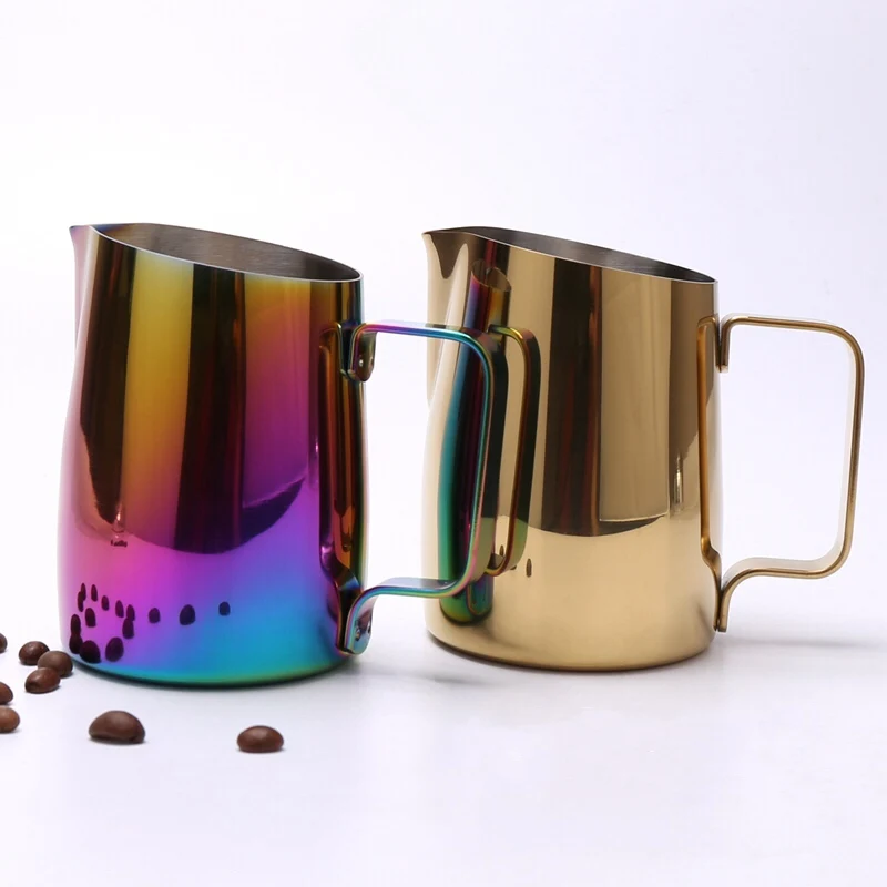 

Fashion design 450ml 600ml bevel connection milk jug milk frothing pitcher, Black/khaki /brass/ silver optional milk jug color