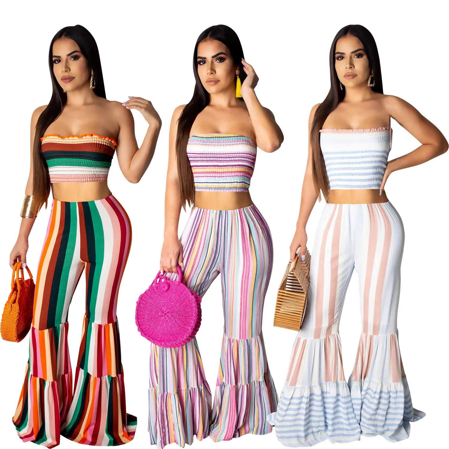 

RsCY1166 Stripe print strapless flared trousers two piece set women fashion clothing, Shown