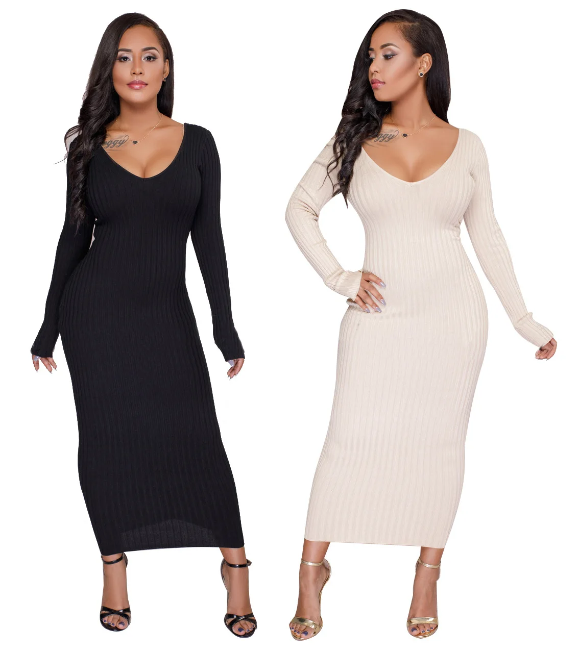 

DS-349 High Quality Autumn women Solid Long Knitted Sexy Deep v Long Sleeve Bodycon Ribbed Dress