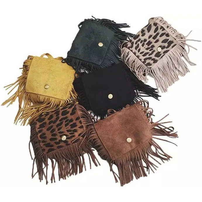 

Free and Fast Shipping Kid's Velvet Fringe Crossbody Fashion Bag Girls Western Bags with Tassel Baby Cheetah Print Purses, 7 colors to choose