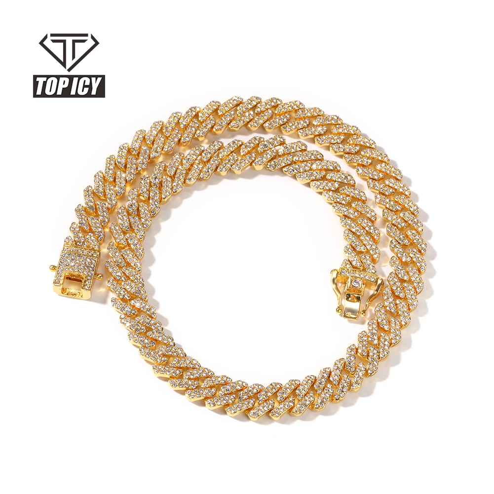 12mm Silver Cuban Chain Iced Out Rhinestone Zinc Alloy 18k Gold Plating Miami Cuban Link Chain Necklace for Women Men Wholesale