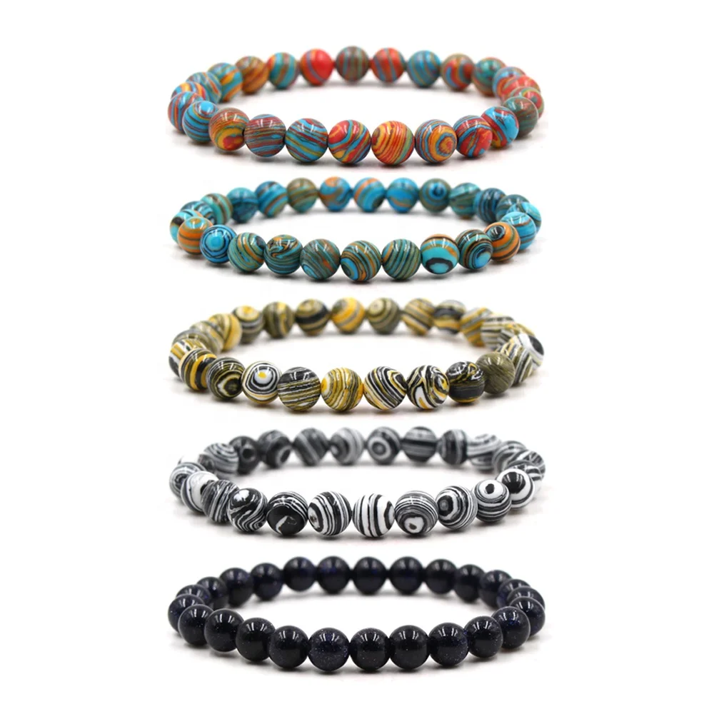 

Fashionable 8mm Elastic Rope Beads Bracelet Tiger Eye and Malachite Stone Yoga Prayer Chakra Bracelet for Men and Women