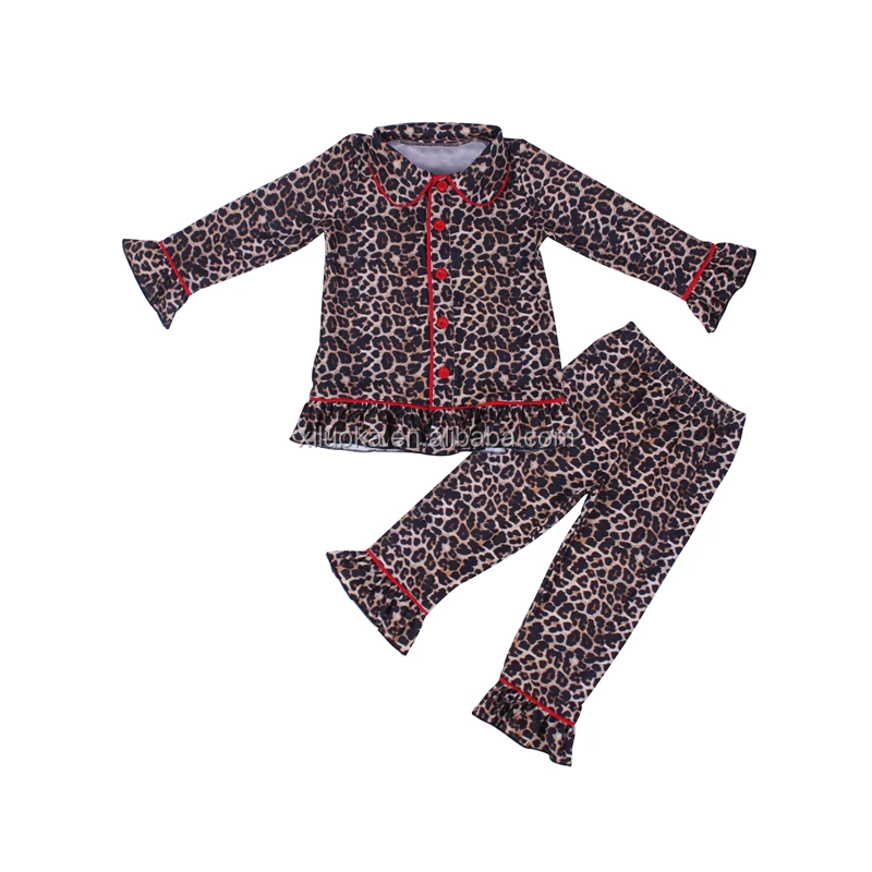 

Leopard Print Two Pieces Kids Matching Outfits Ruffle Long Sleeve Girl Pajamas