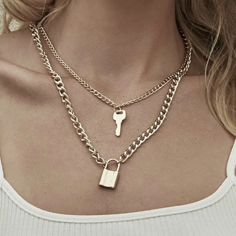 

Creative Fashion Geometric Retro Multi-layer Key Lock Necklace Key Lock Pendant Necklace