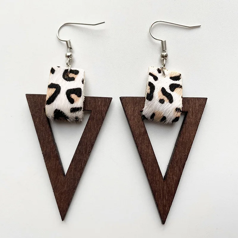 

Wholesale Leopard Print Leather Wooden Ancient Bohemia Geometry African Wood Earrings, Brown