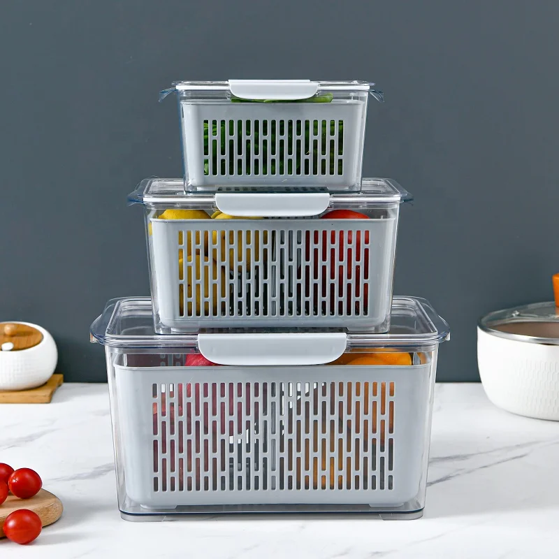 

Kitchen Multii-funtion Tools Transparent Fresh-keeping Box Kitchen Storage Baskets Double Layer Drain Basket with Lid, White,grey