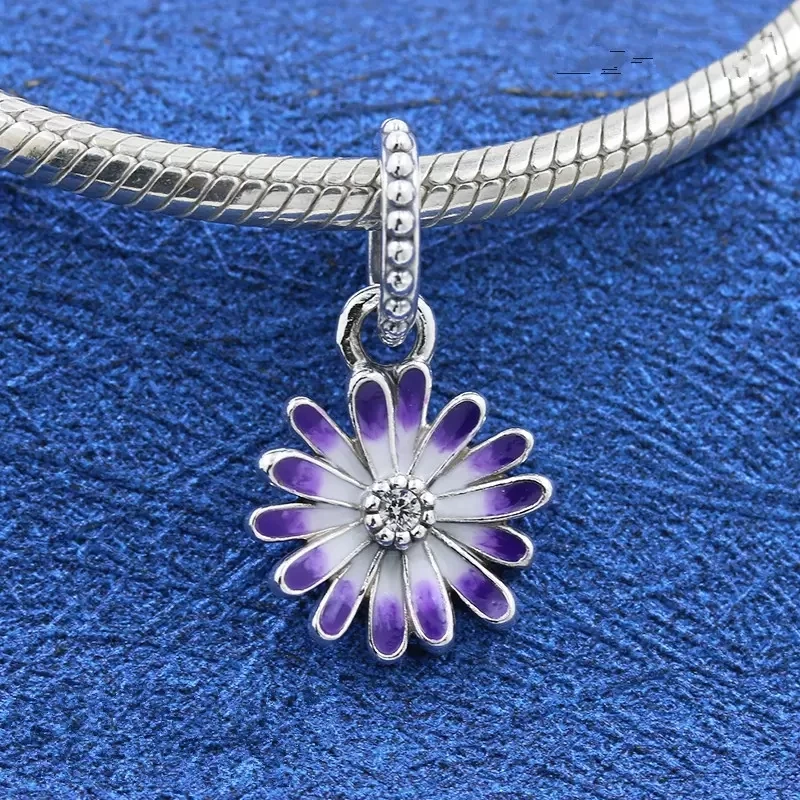 

925 Sterling Silver Purple Daisy Flower Dangle Charm Bead Fits European Style Jewelry Bracelets