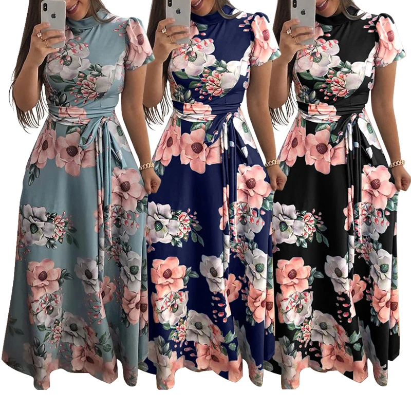 

2021 New Arrivals Maxi Summer Dress Women Africa Islamic Clothing Floral Plus Size Dress Short Sleeve Casual Dresses