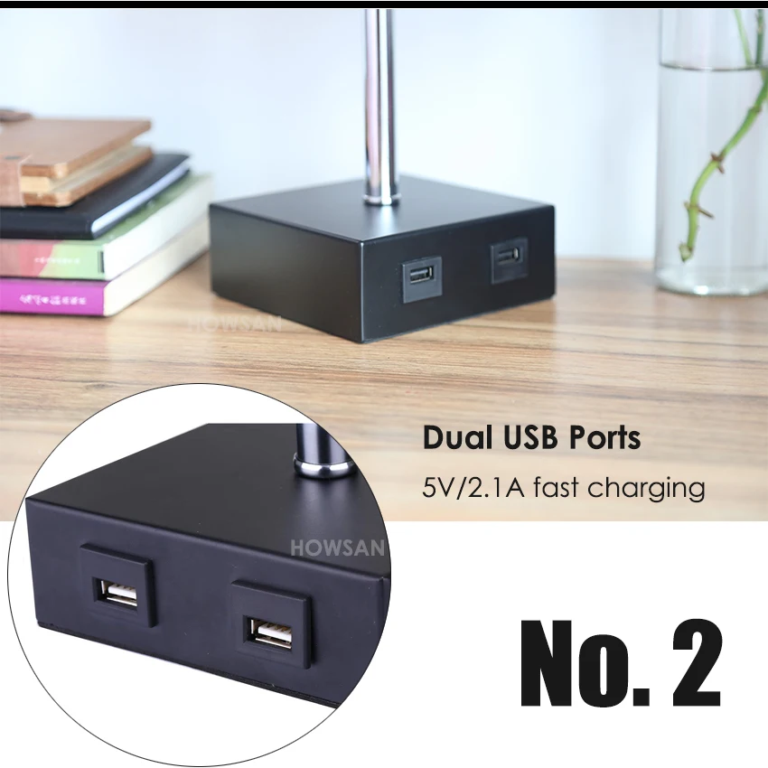 
USB table lamp, Bedside lamps with 2 USB charging ports for bedroom, Nightstand lamp with Grey Fabric shade 