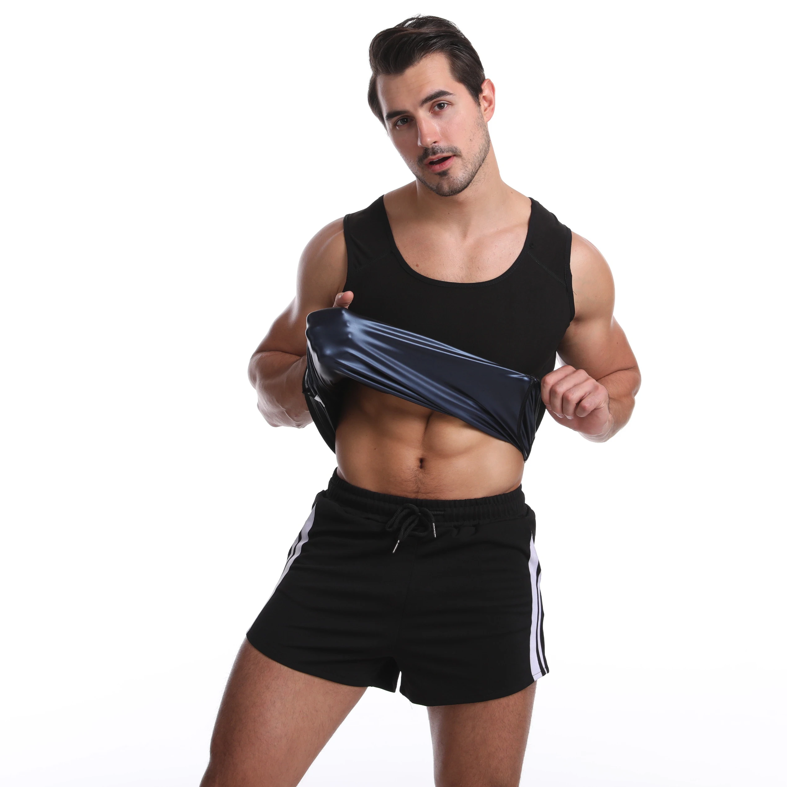 

Customize Logo Sweat Suit Body Shaper Slimming Shirt Weight Loss Neoprene Waist Trainer Sauna Vest Mens Sweat, As shown