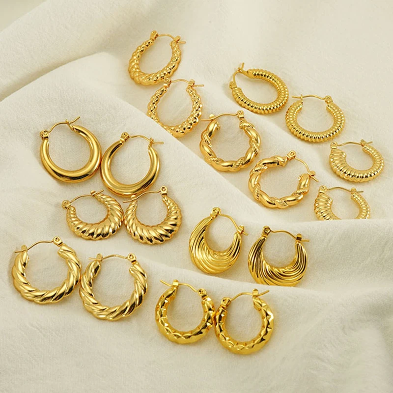 

Trendy Stainless Steel Round Crescent Twisted Earrings for Women Hypoallergenic 18K Gold Huggie Hoop Earring