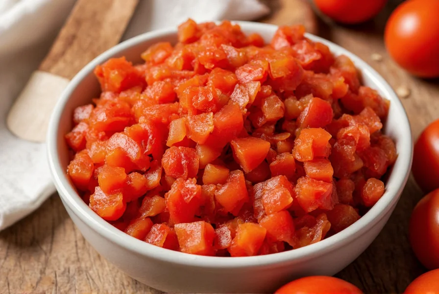 Close-up of crushed tomatoes in bowl next to chili ingredients