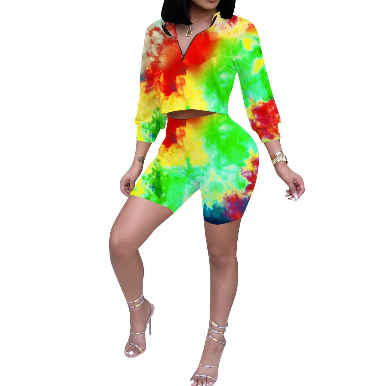 

Women Fashion Print Tie-Dye Sexy Long Sleeve Blouse and Shorts 2 Piece Sets, Rainbow a, rainbow b, rainbow c,