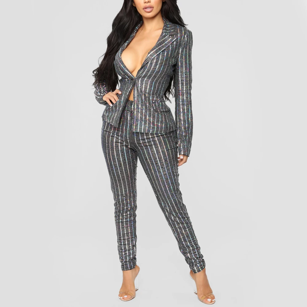 2019 Fashion two piece set women clothing Sequins Formal Wear Banquet suits cover office coats Wholesale Price