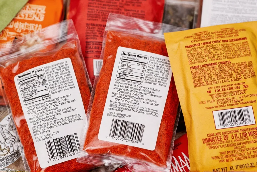 Close-up of various chili seasoning packets showing ingredient labels and nutritional information