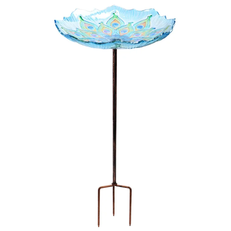 

Glass Bird Bath Garden Outdoor Birdbaths Birdfeeder with Metal Stake Peacock