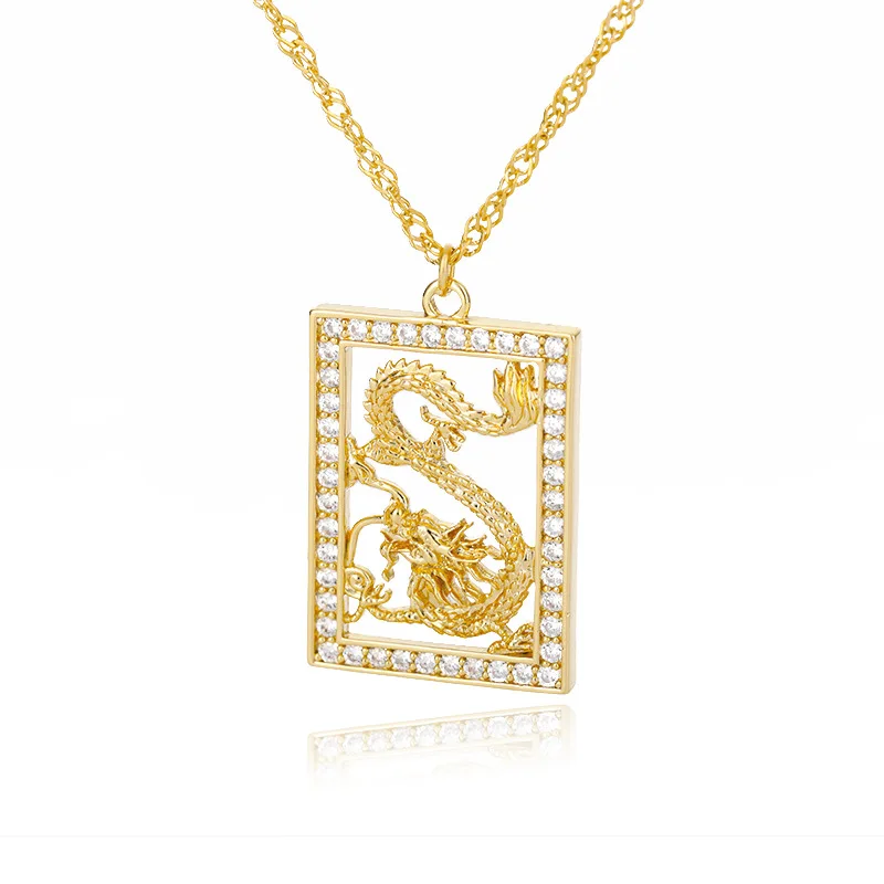 

New Zodiac Dragon Zircon Necklace Square Brand Pendant Necklace Animal Jewelry