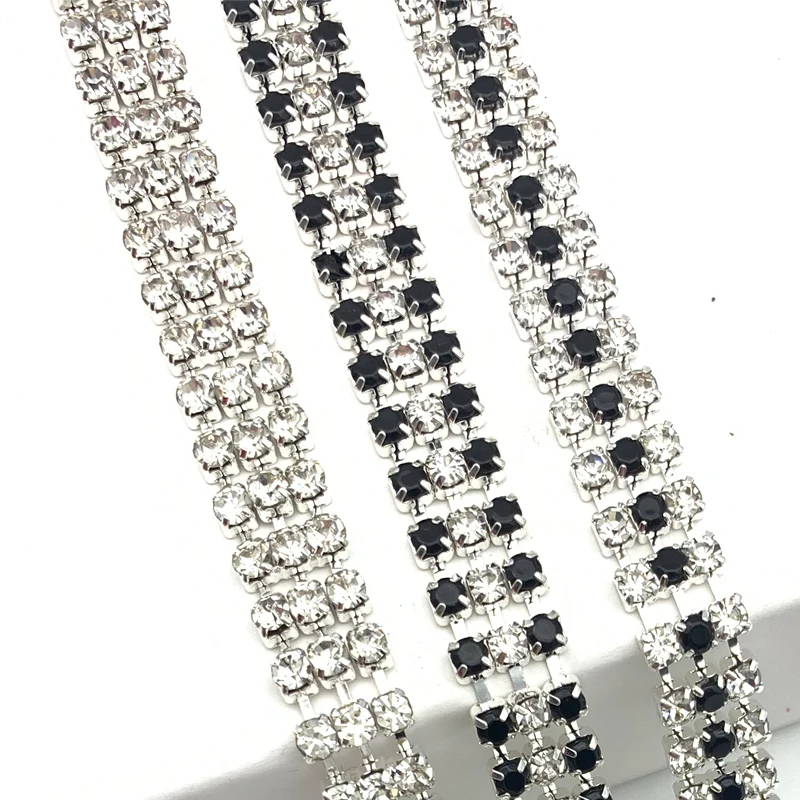 

Wholesale 3Rows  White and Black Crystal Chain Sewing Accessories Decorative Rhinestone Tassel Chain Belt, Silver plated, white and black