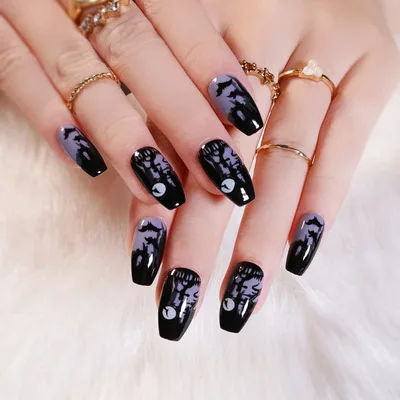 

24Pcs Hot Selling Nail Paste Halloween Long Ballet Nail Black Wearable Removable Artificial Fingernails