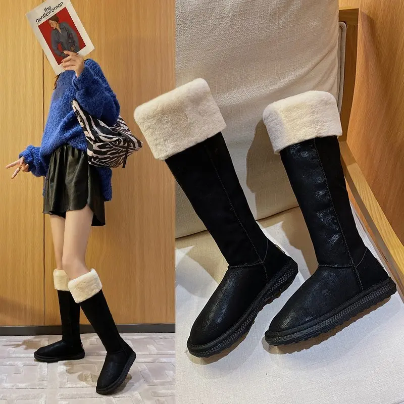 

Winter new snow boots women's long-tube over-the-knee boots flat-bottom thick and velvet cotton shoes high-tube cotton boots, Black