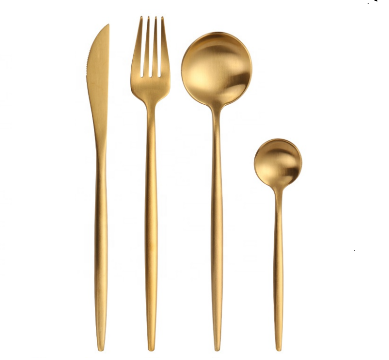 

Round handle royal gold stainless steel brass modern flatware ready to ship cutlery set for wedding