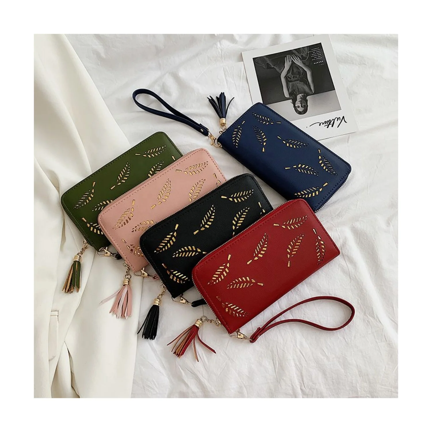 

2021 Long fashion lady purse Clutch bag Hollowing out Leaf Sequined decorative zipper leather women clutch wallet, Pink, blue, green, black, red