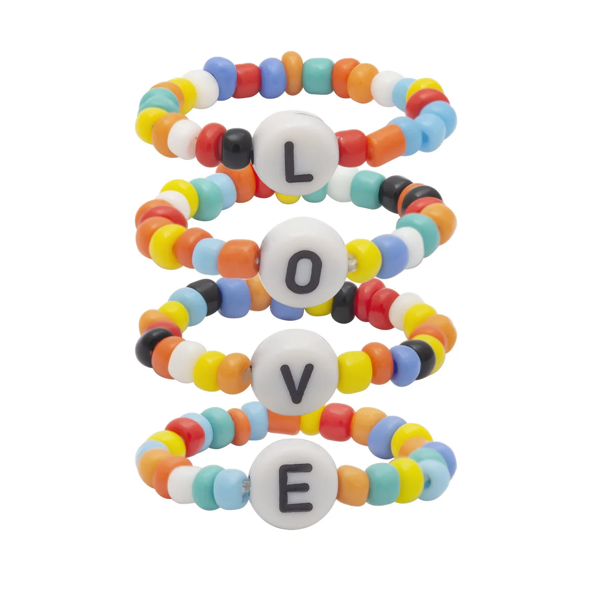 

Ins Letter Love Multi Color Bead 4-piece Elastic Adjustable Finger Ring Set For Women Men Couple