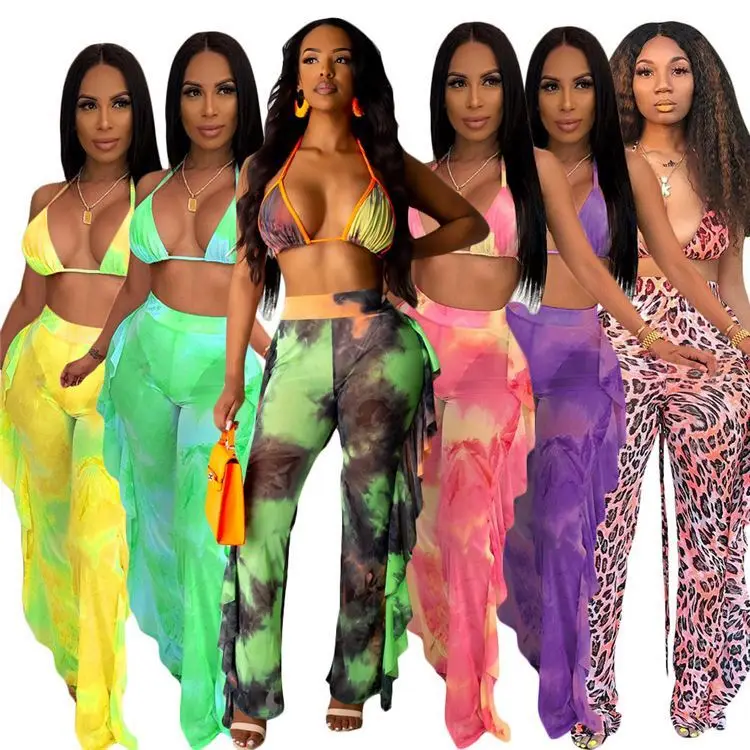 

OSINA Tie Dye Bikini 2 Piece Pants Set Woman Sexy Summer Woman Two Piece Beach Suit For Ladies