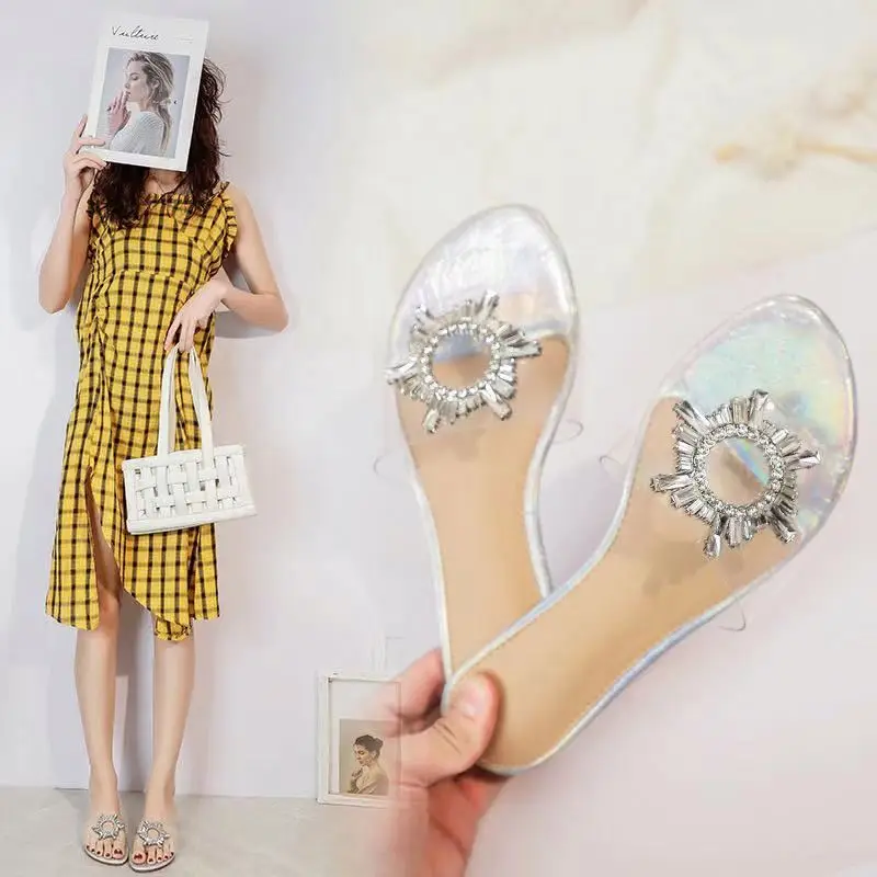 

2021 women crystal toe strap holiday beach lazy style slip on slippers transparent slides flat sandals elegant shoes, Picture colors