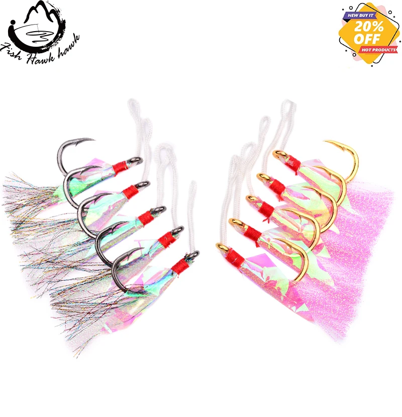 

Metal Jig Luminous Assist Hook With PE Line Feather Solid Ring Jigging Spoon Fishhook for 60-200g Fishing Lure, As the picture shows