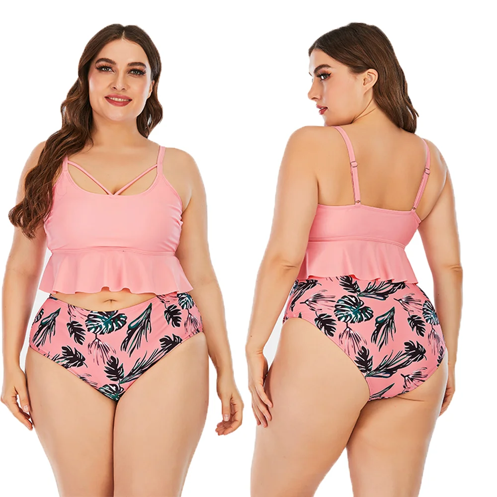 

Cute and sexy ruffle plus size bikini conservative swimsuit cover up lovely girls swimwear, Shown