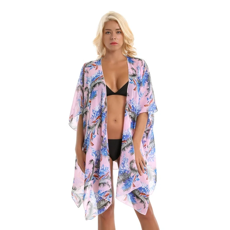 

Wholesale Custom Fashionable Beach Long Pink Cardigan Printed Floral Kimono Ladies' Blouses, Pink printed or customized