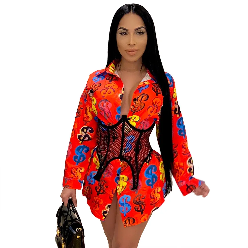 

Shirt Dresses Sexy Printed Colorful Long Sleeve YD-A6595 Casual Women Summer LOOSE Mini Full Above Knee Adults Breathable Stand