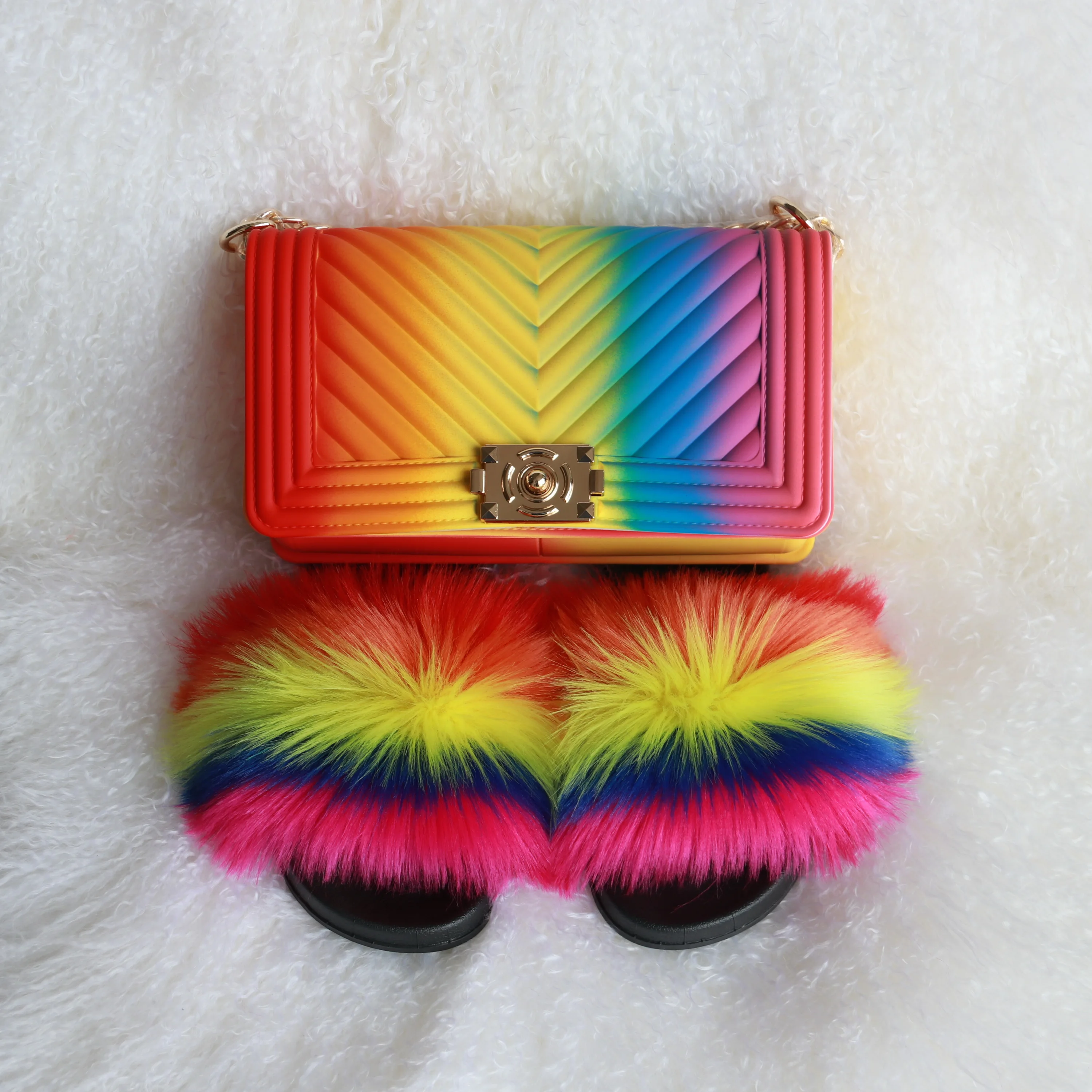 

Summer women colorful jelly purses and fur slides handbag sets