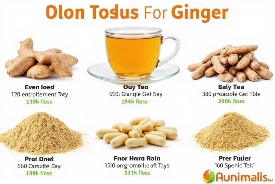 Various ginger preparations including fresh root, tea, capsules, and powder with recommended daily dosages for digestive health