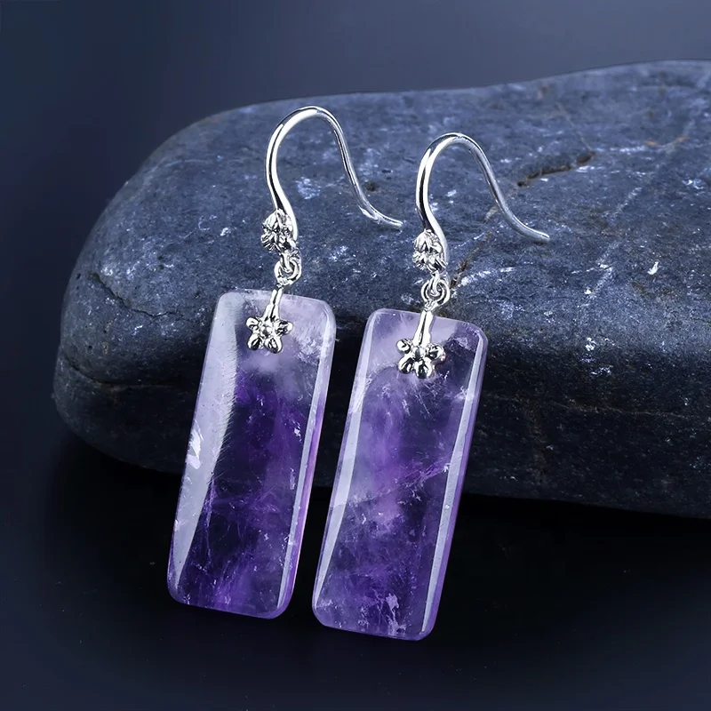 

Natural Amethyst Earrings Simple Temperament Lady Drop Rectangle 925 Sterling Silver Earrings, , 5.8g