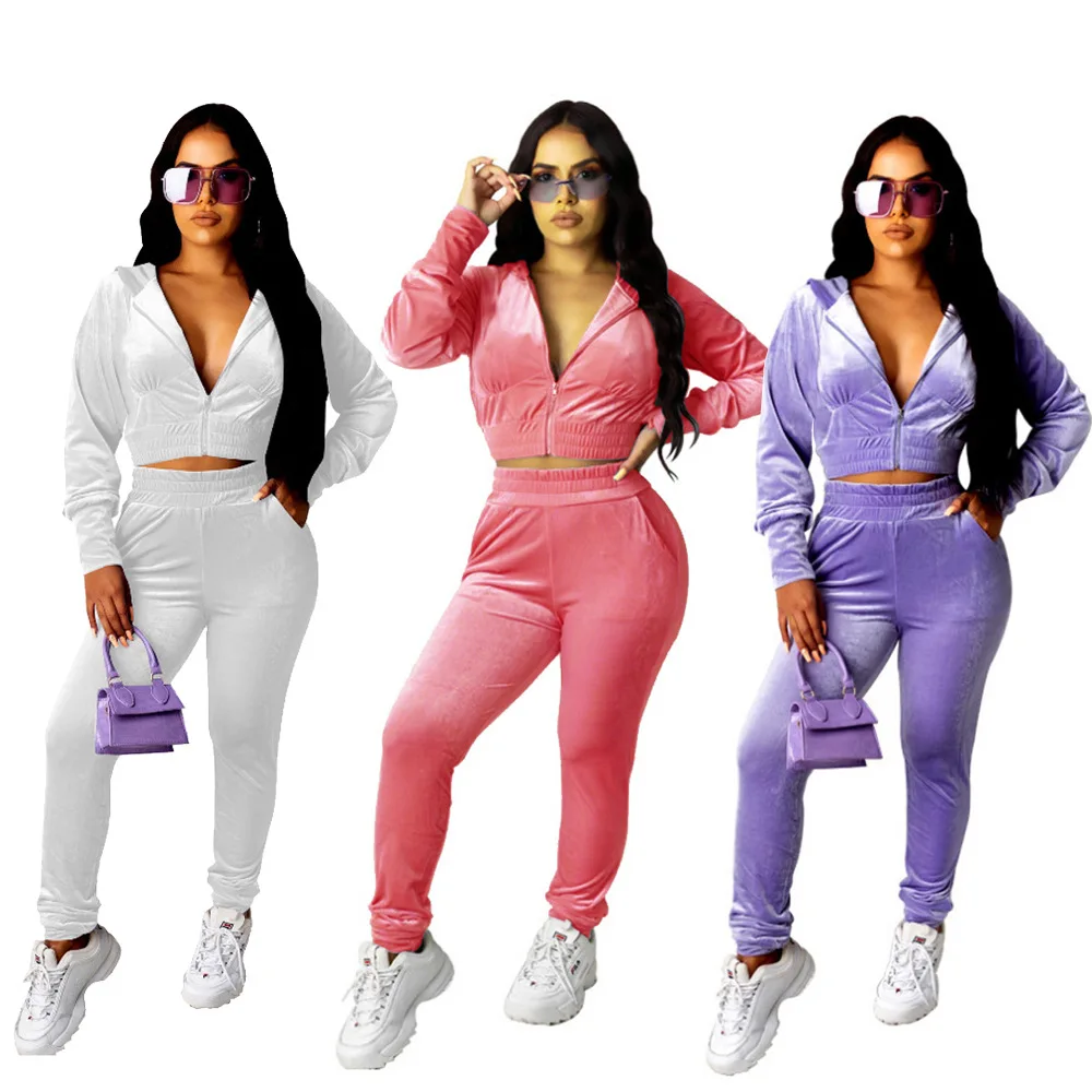 

Multi Color Winter Crop Top with Pants Womens 2 Piece Outfits Sweatsuits Zip up Hoodie Casual Jogger Tracksuit Set with Pockets
