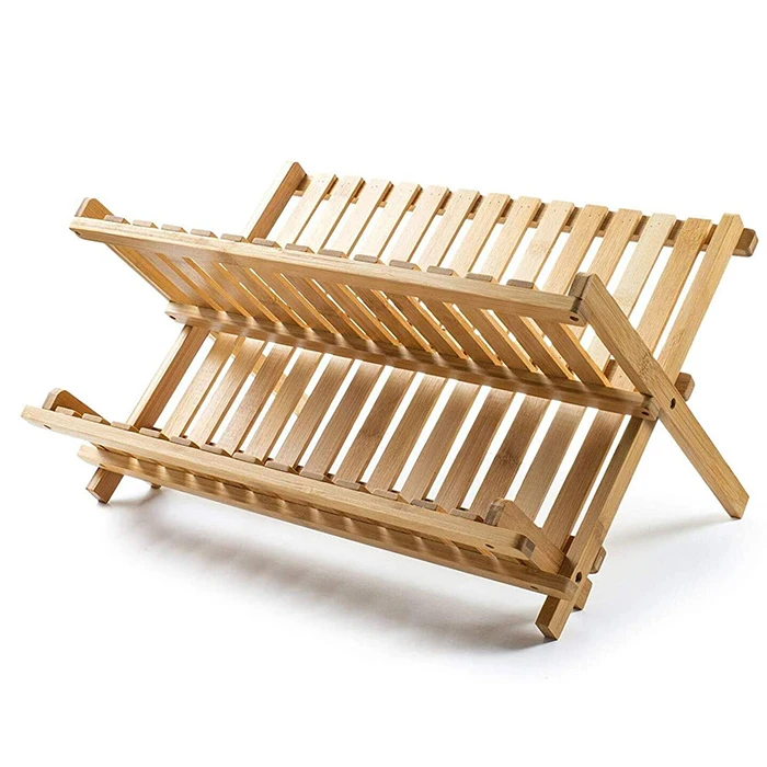 

2021 kitchen accessories collapsible over sink folding 2 tier compact bamboo dish drying rack with drain, Natural