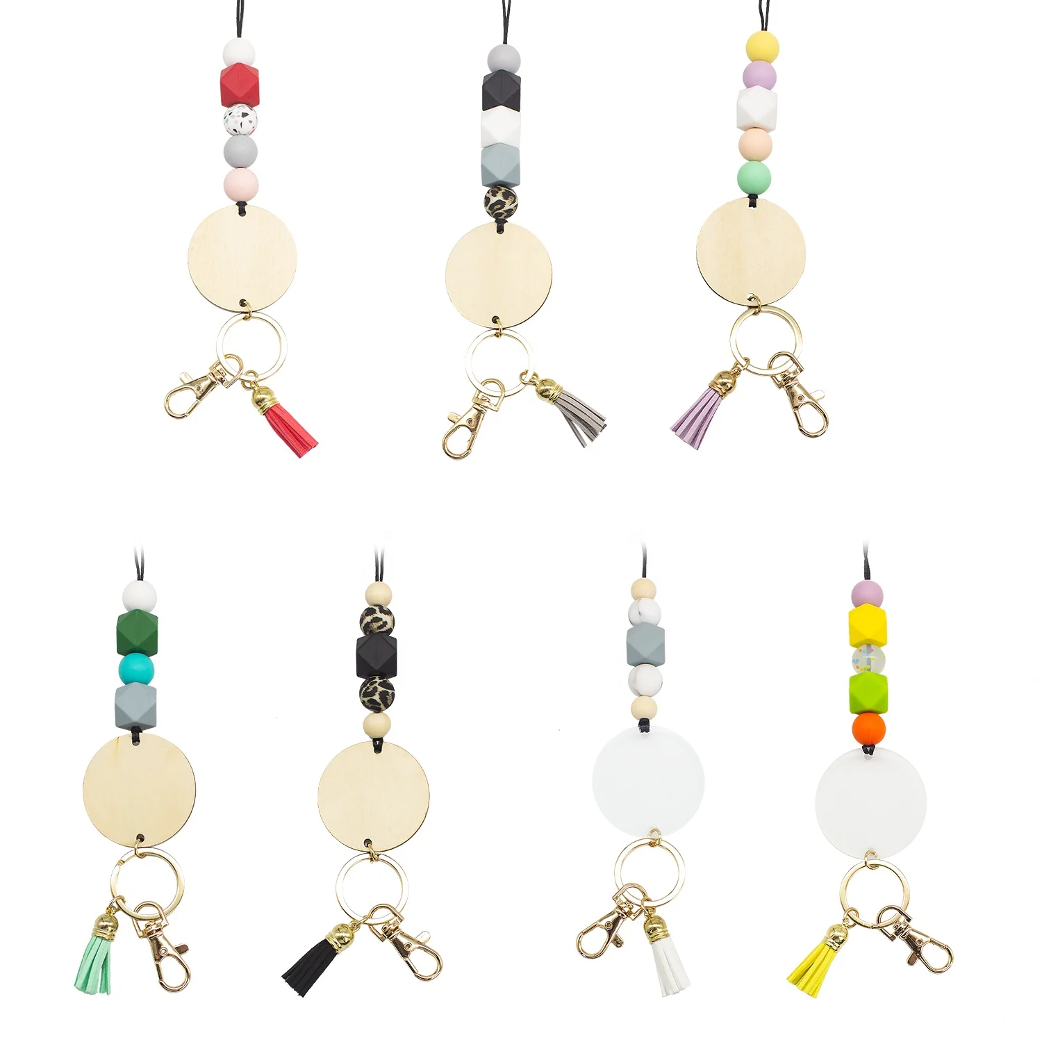

In Stock Silicone Beads Necklace Wooden Disc Lanyard Name Disc, Customized color