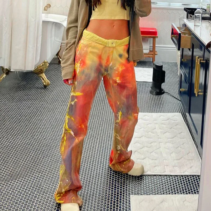 

Wholesale 2021 fall new cotton fabric tie dye women fashion casual cargo high waist straight pants, Photo shows