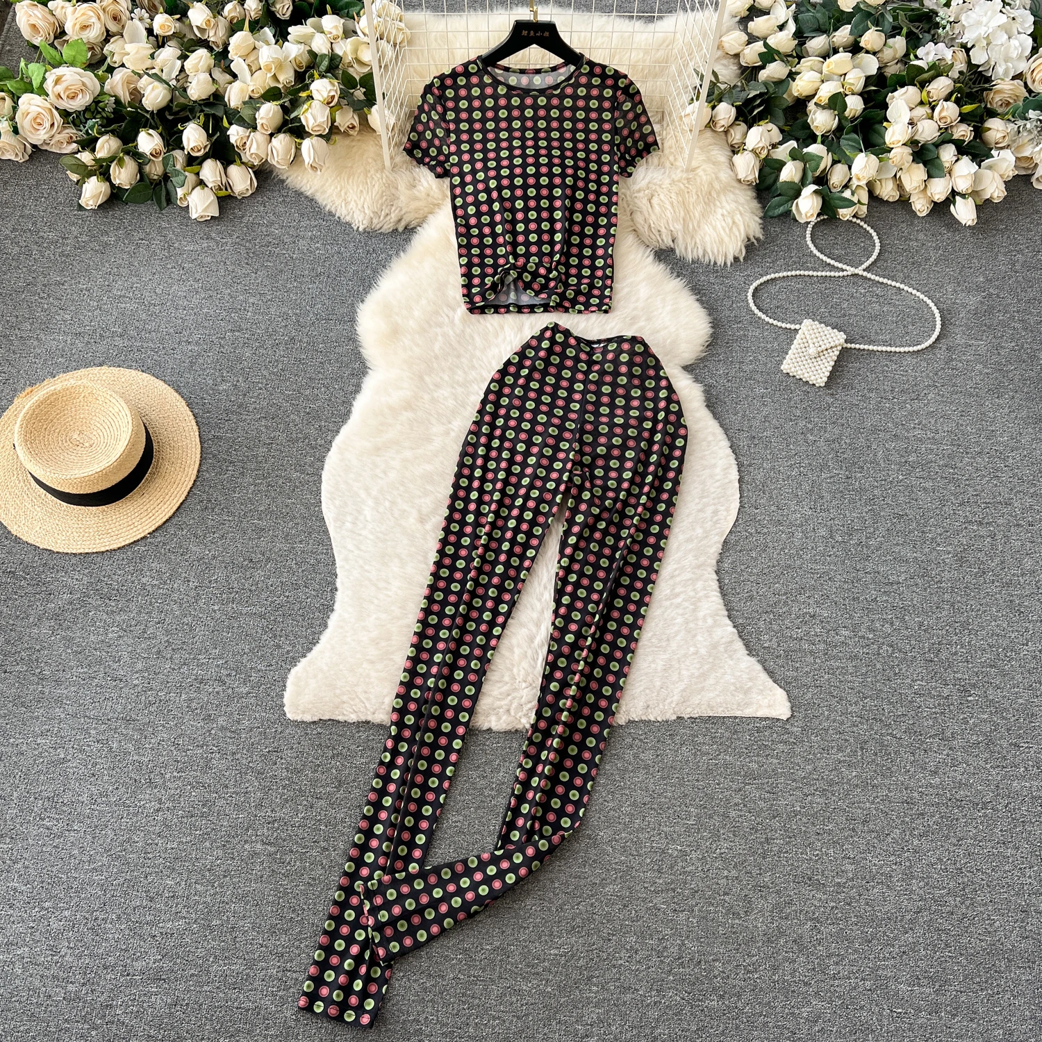 

Summer Casual 2 Piece Set For Women Top And High Waist DOT Slim Dress Set American Clothing Wholesale