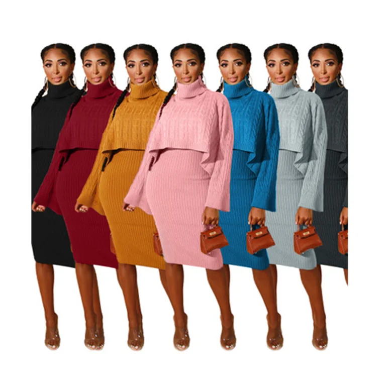 

Wholesale Women's Plus Size 2 Pieces Elegant Turtleneck Sweaters Dress Set