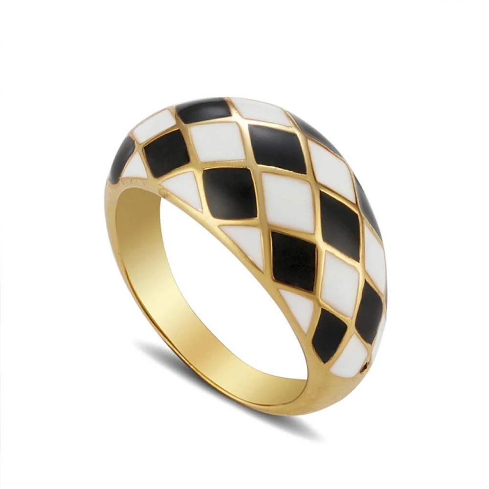 

Trendy Jewlery 18k Gold Plated Stainless Steel Chunky Dome Statement Ring Black White Enamel Finger Rings Women