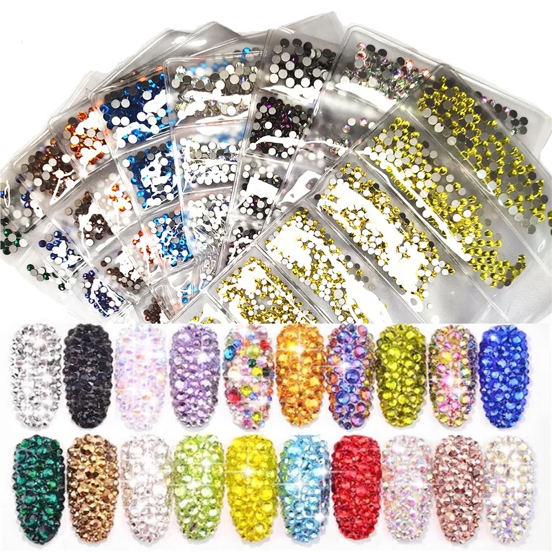 

6Slot 1728Pcs Glass For Nails Art Decorations Crystals Strass Charms Partition Mixed Size Nail Rhinestones