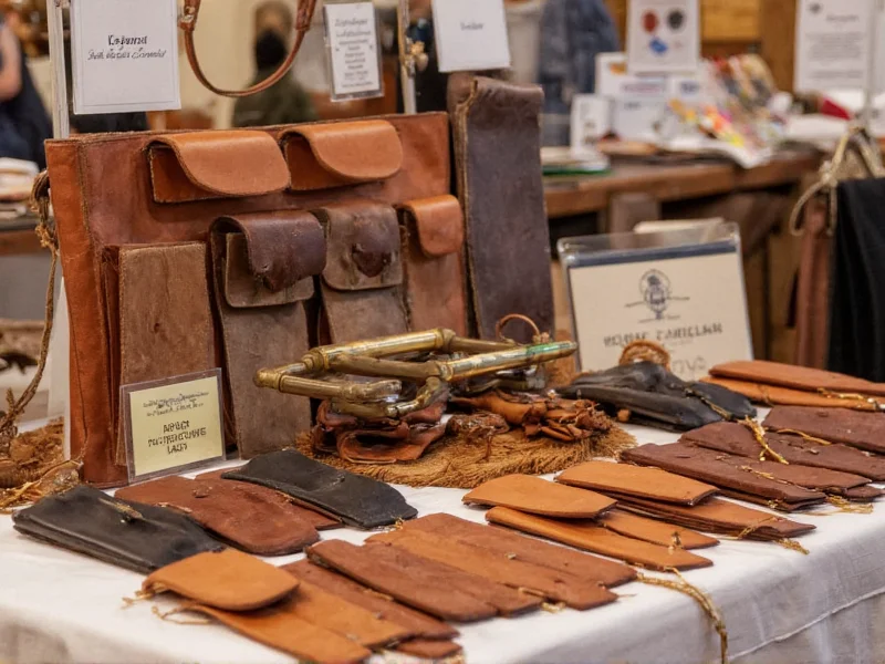 Handcrafted leather goods displayed at professional craft fair booth