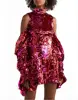 Custom New Model Women's Clothing Cold Shoulder Frill Long Sleeve Sequin Mini Dress Fabric