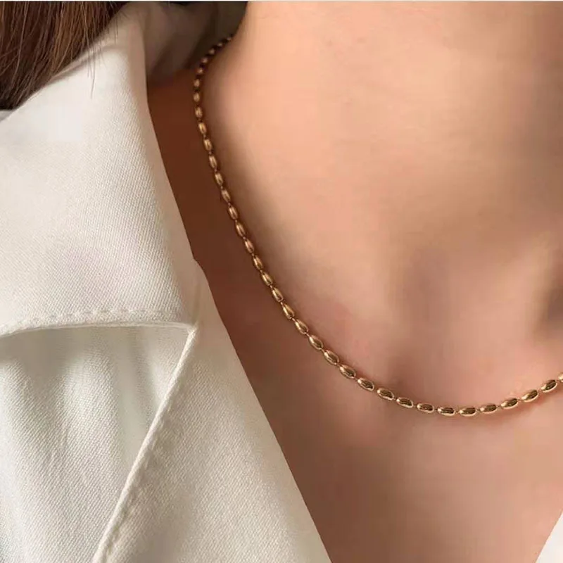 

Whilesale Custom 18K Gold Plated Stainless Steel Jewerly Oval Rice Beaded Chain Link Necklace for Women, Gold, silver, rose gold, black