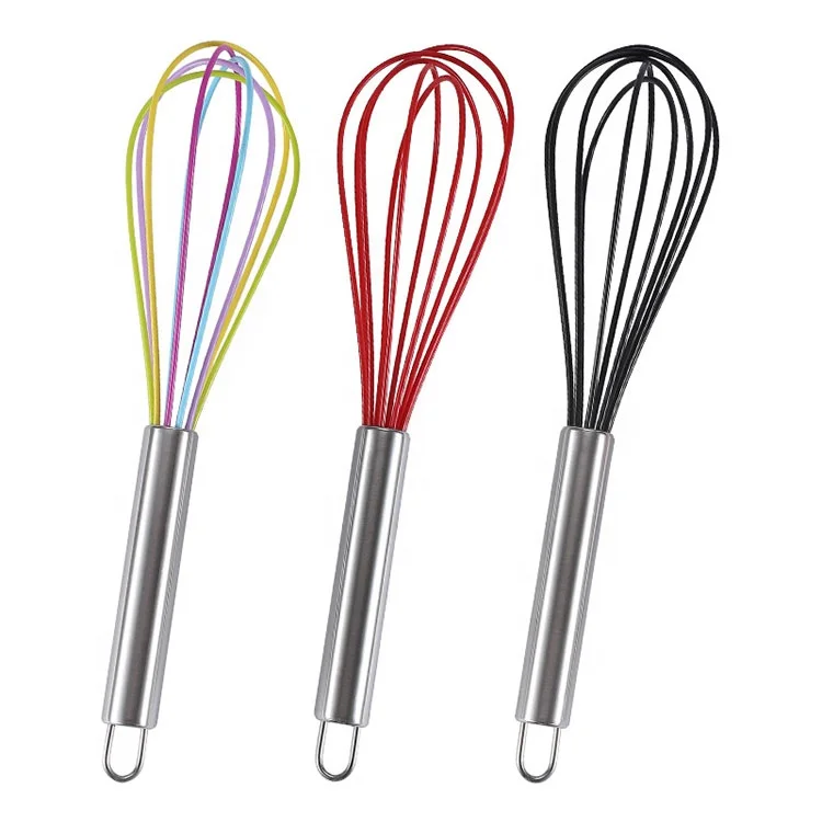 

Wholesale Stainless Steel handle hand manual reusable silicone egg whisks for kitchen egg beater mixer, Black,colorful,red,green, blue, pink
