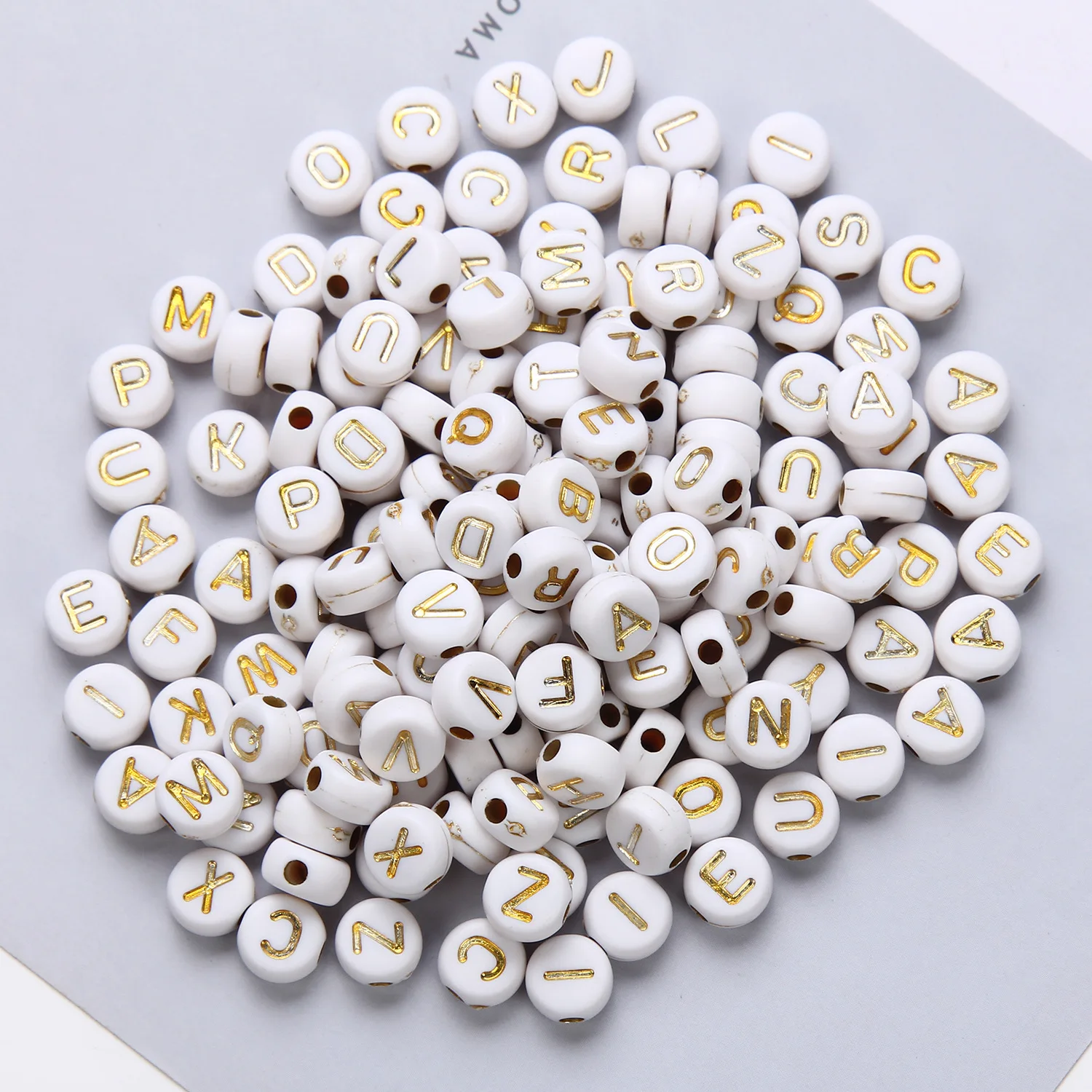 

Flat Round Acrylic White Opaque Gold Letters Beads For Bracelets Making