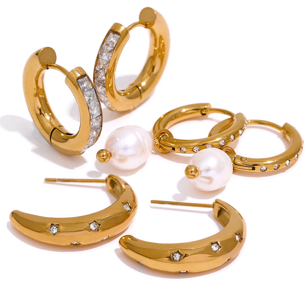 

JINYOU 779 Minimalist 18k Gold Plated Stainless Steel Natural Pearl Cubic Zirconia Fashion Charm Waterproof Hoop Earrings Women